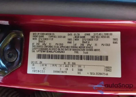 2020 Ford F-150 Lariat из США, поврежденный, VIN 1FTEW1E46LFC45263